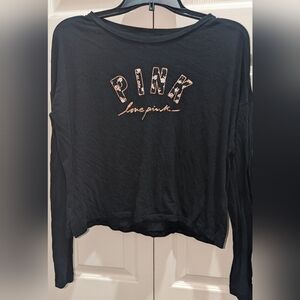 Victoria secret pink,black, long sleeve,foil/floral logo, semi-cropped tee-Jr SM